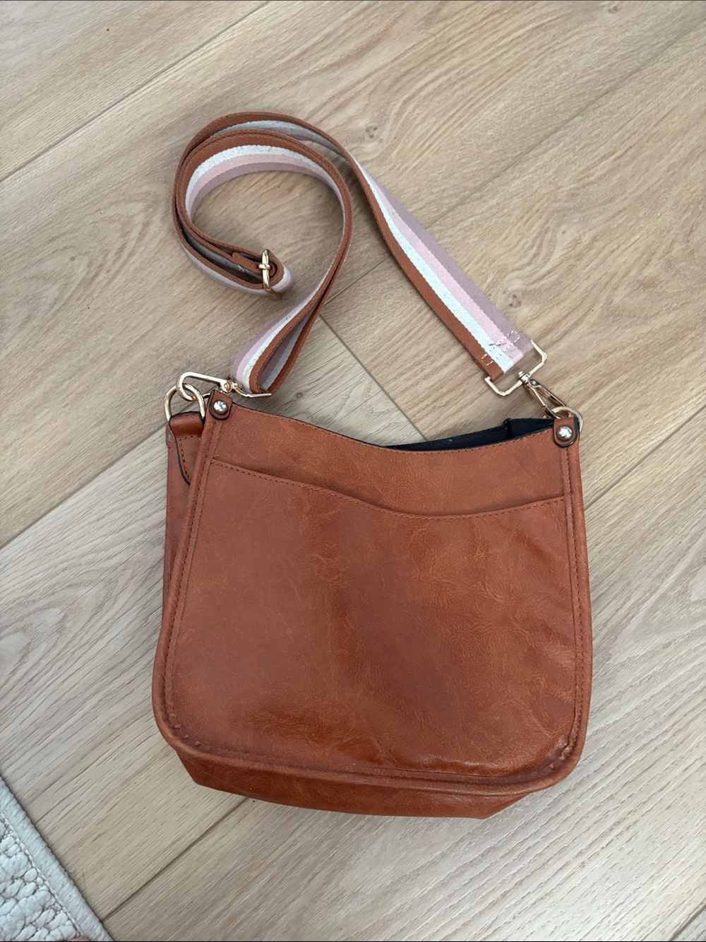 Casual Tan Crossbody Bag with Removable Striped Strap
